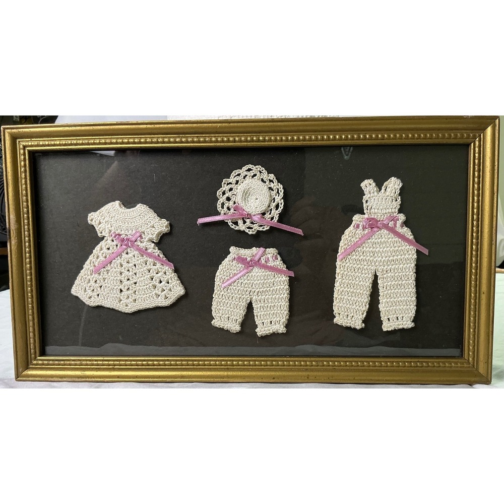 Vintage‎ Framed Crochet Doll Clothes Wall Art Shadow Box Handmade Cottagecore